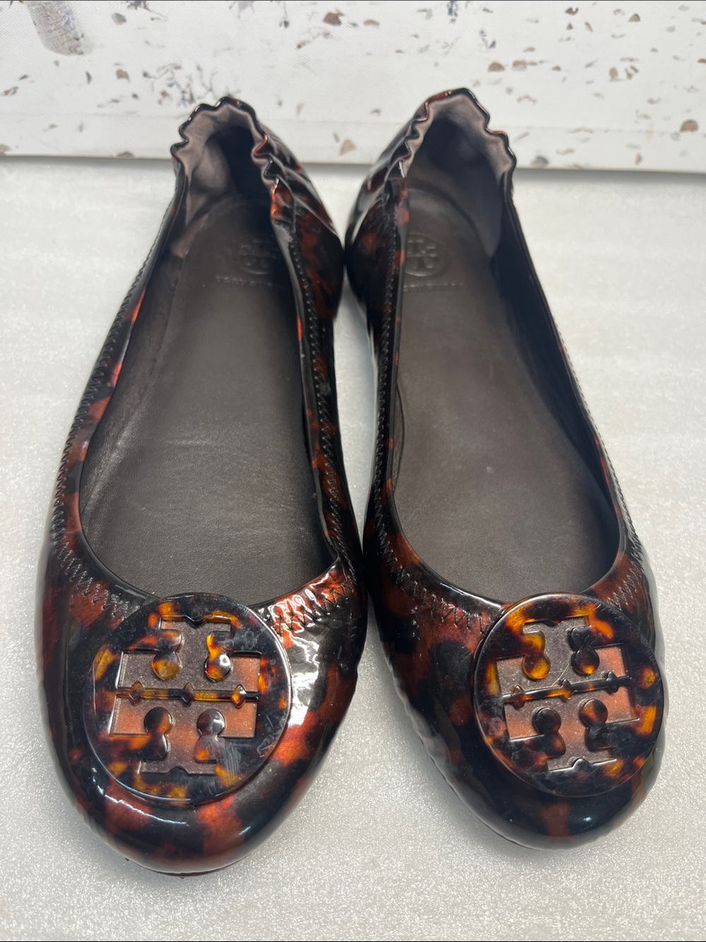 Tory Burch Tortoiseshell Patent Reva Ballet Flats Brown/Black/Amber Sz 8.5